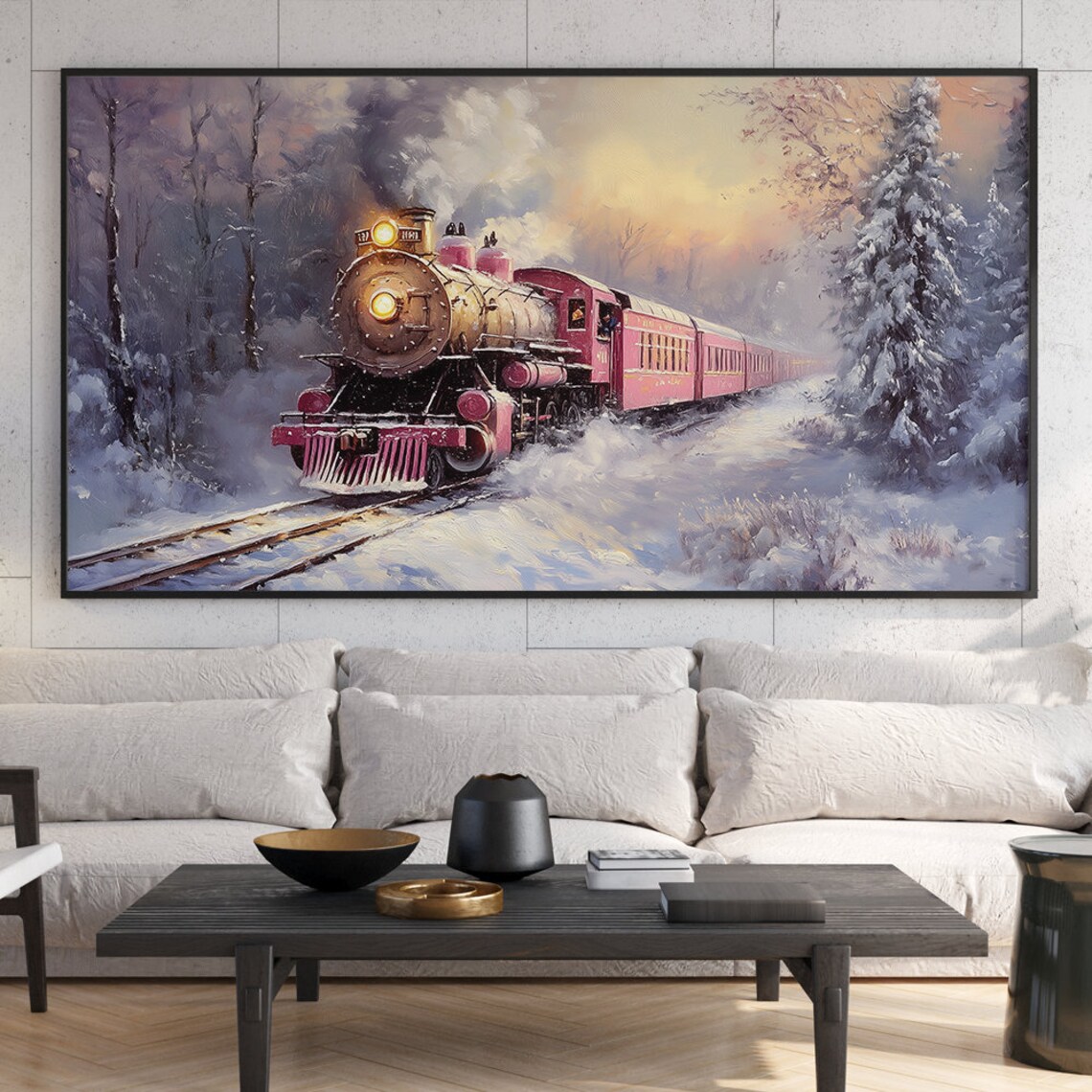 Vintage Steam Locomotive Snowstorm Red Passenger Train Painting Poster - Image 6