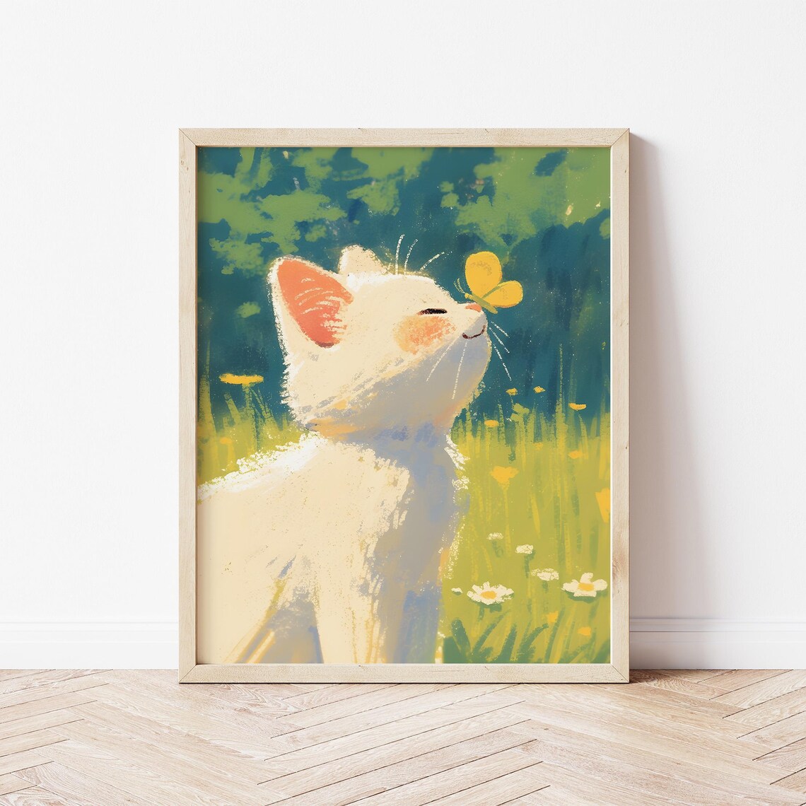 Cat Sniffing Butterfly Illustration, Nursery Art Print - Image 2