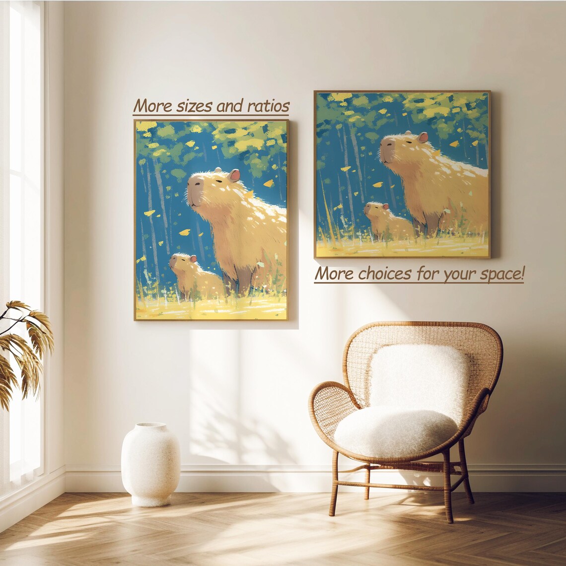 Capybara Mom And Baby In Sunlit Forest Cute Nursery Animal Wall Art - Image 2