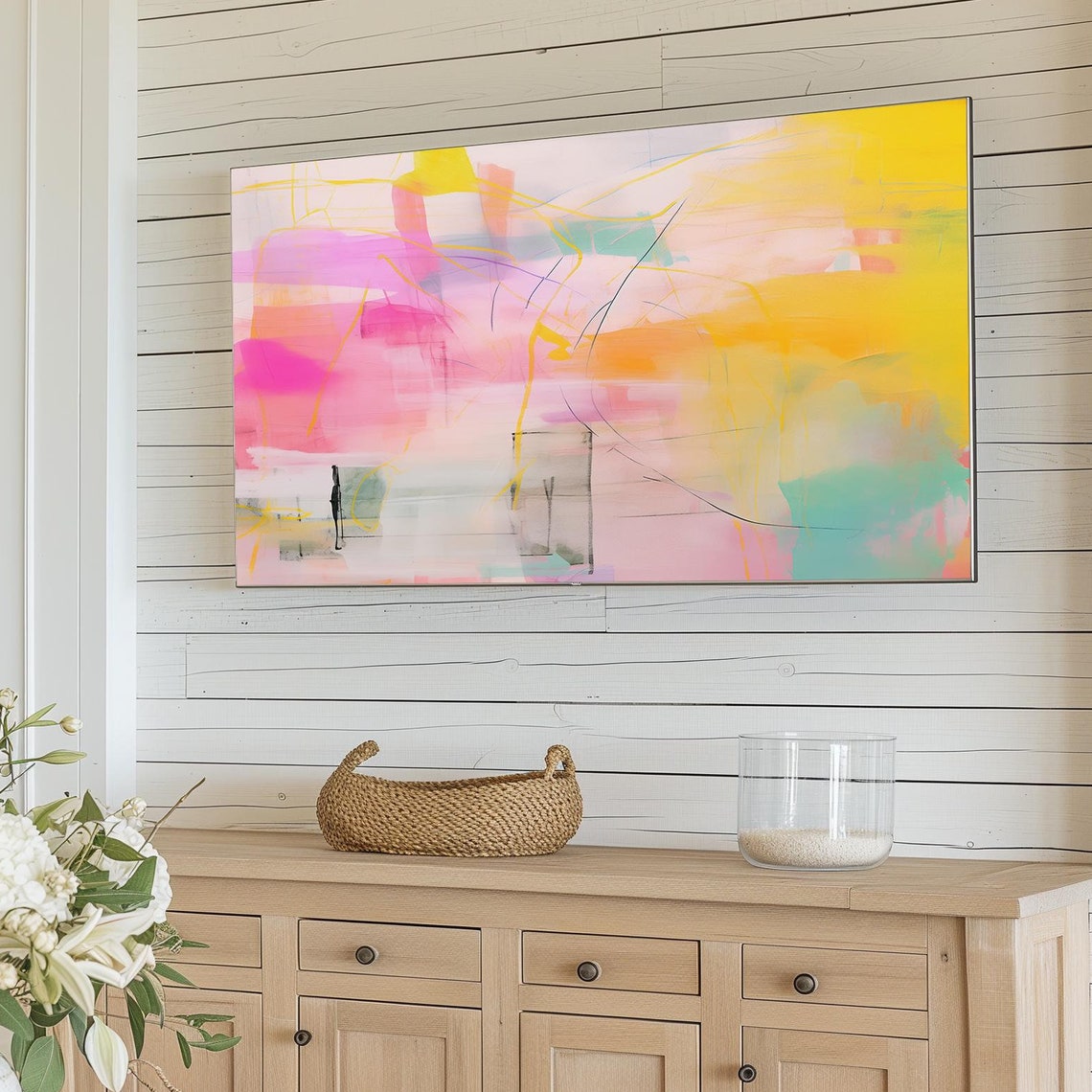Bright Yellow Pink Teal Abstract Painting Modern Wall Decor Poster