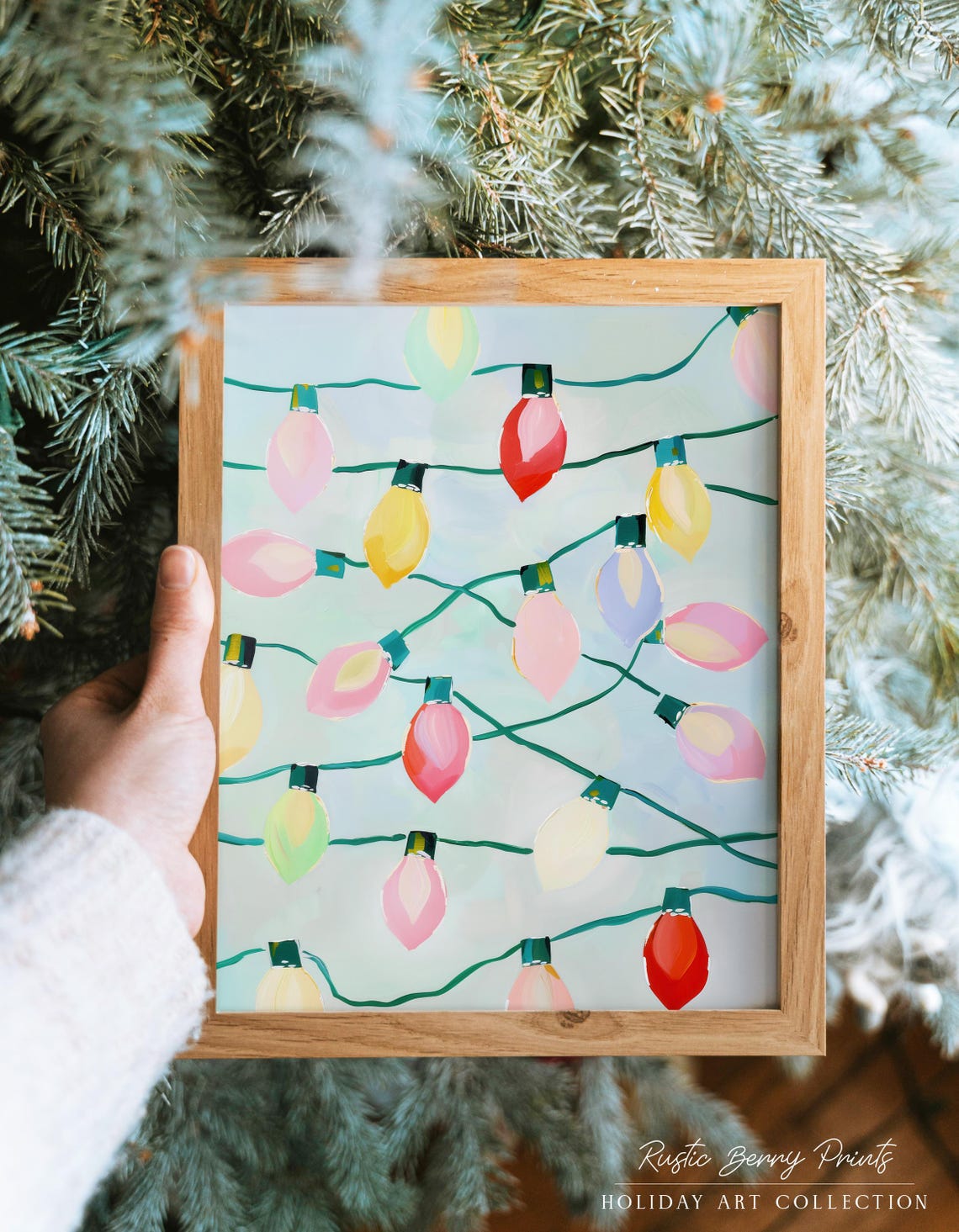 Pastel Christmas Lights Garland Mint Background Holiday Art Print