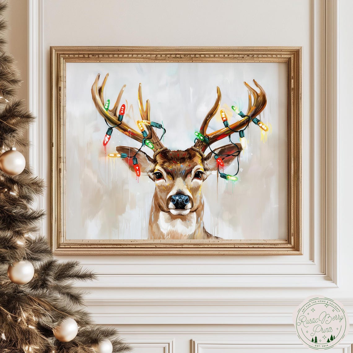 Stag with Christmas Lights Wrapped Antlers Winter Wildlife Art Poster