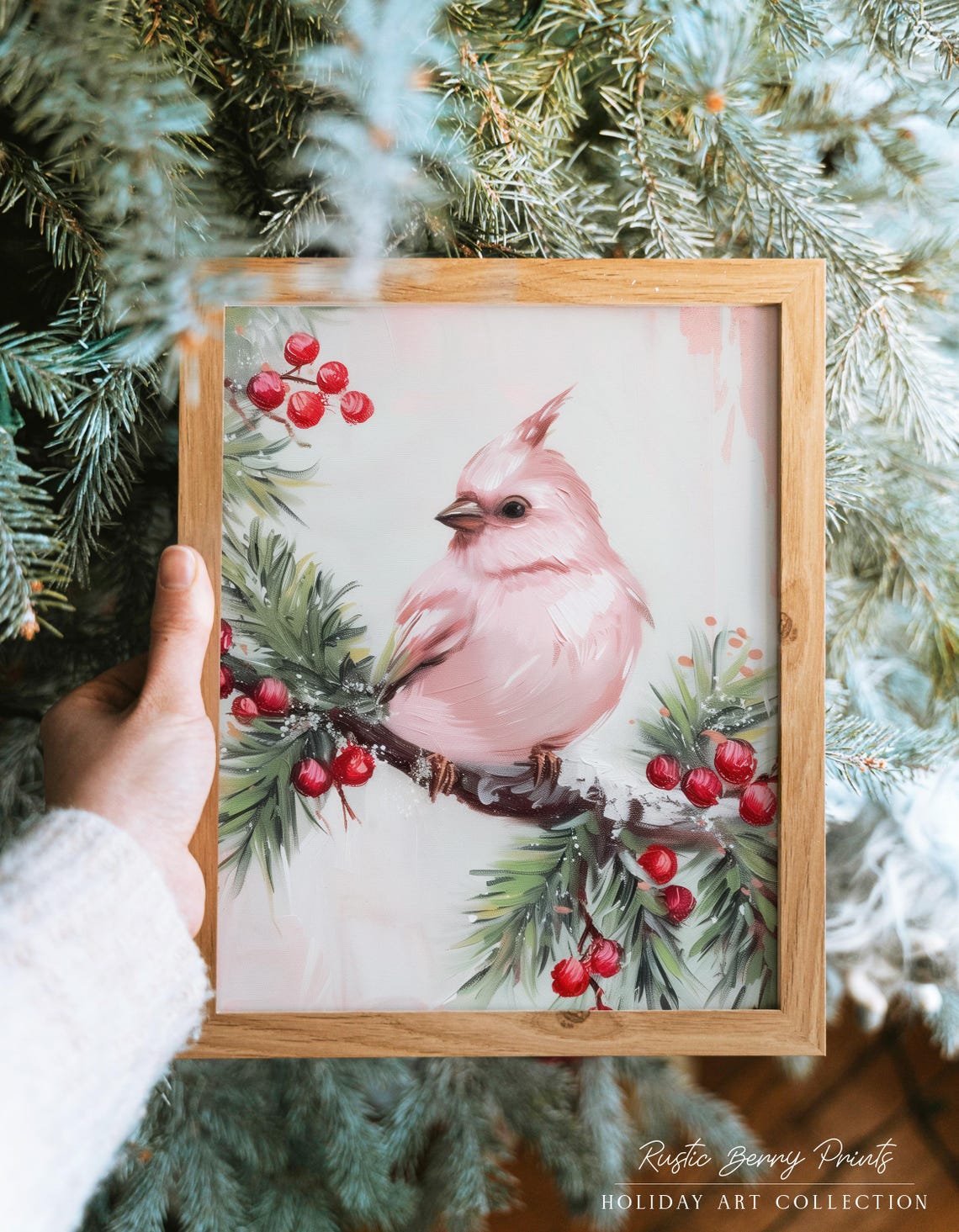 Pink Cardinal Bird Snowy Branch Red Berries Winter Wall Art Print