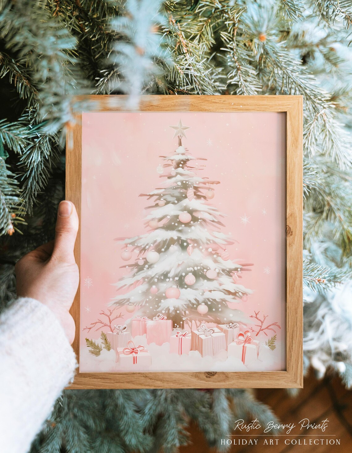 Pink Christmas Tree with White Snow Gifts Festive Holiday Art Poster