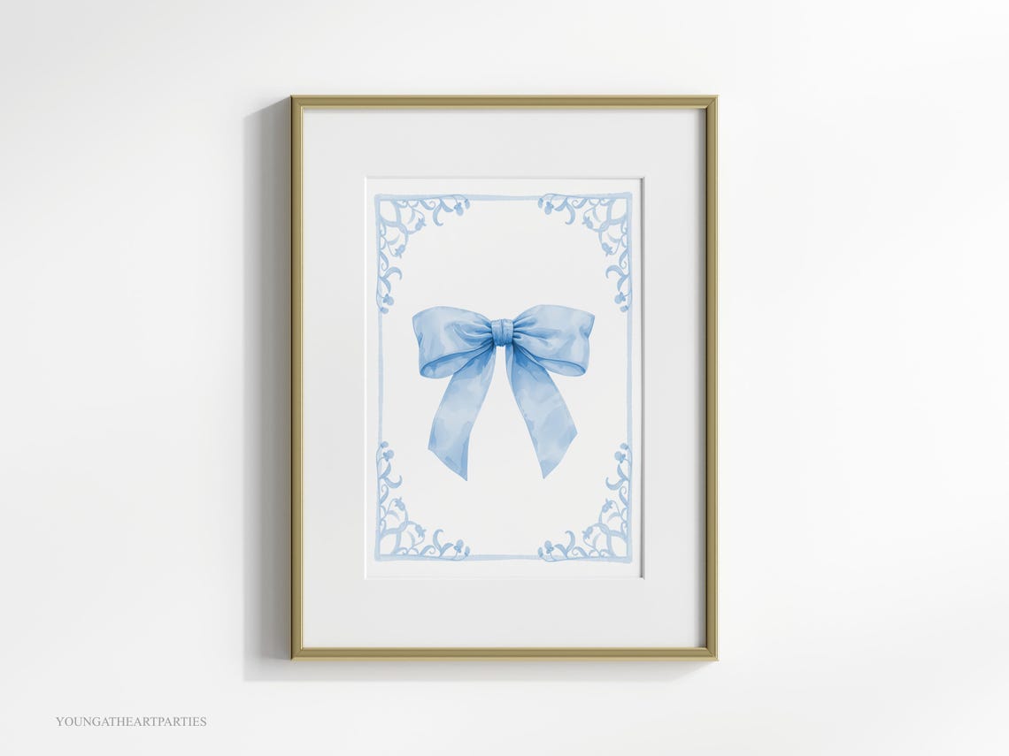 Preppy Blue Bow Watercolor Coquette Hand Drawn Nursery Wall Art - Image 2