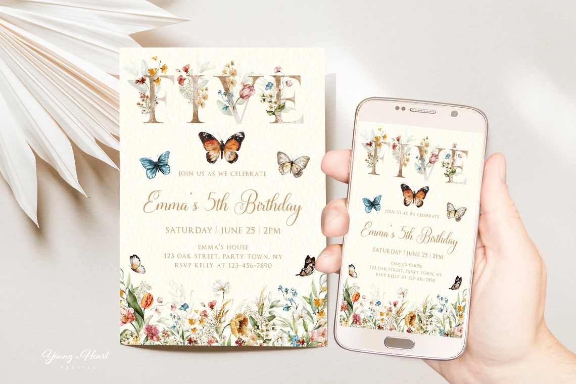 Wildflower 5th Birthday Invitation Butterfly Floral FIVE Party Print - Image 4