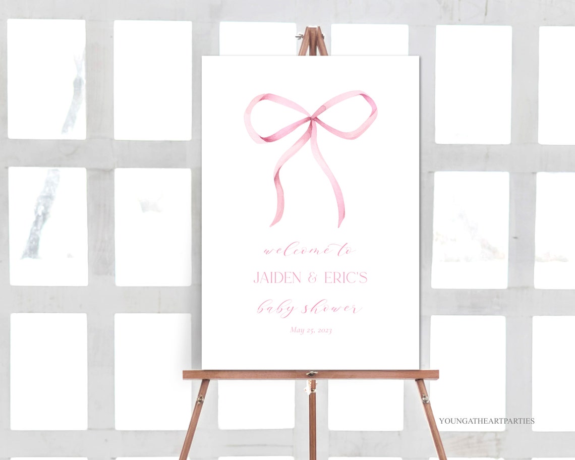 Pink Bow Baby Shower Welcome Sign Blush Minimalist Party Decor Print