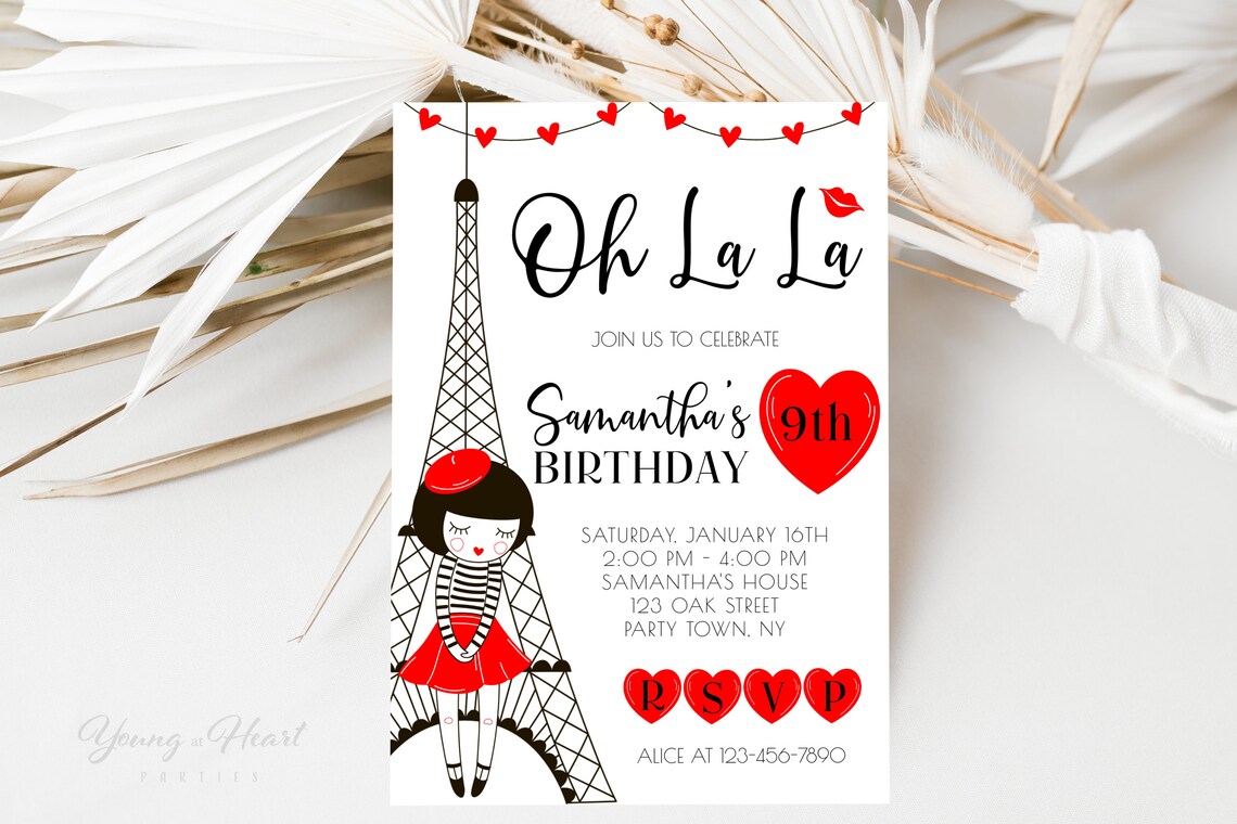 Oh La La Paris 9th Birthday Party Invitation Eiffel Tower Art Print