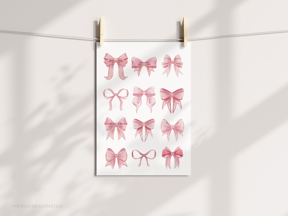 Trendy Pink Bows Watercolor Coquette Collage Girls Room Wall Art - Image 6