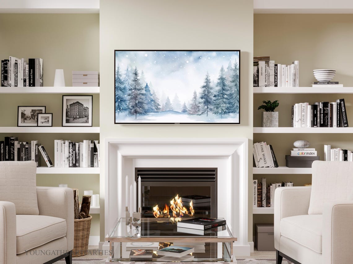 Blue Winter Forest Watercolor Snowy Pines Holiday Frame TV Wall Art - Image 6