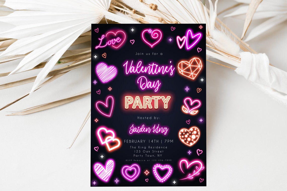 Neon Hearts Valentine's Day Party Invitation Glow Jaiden King Print