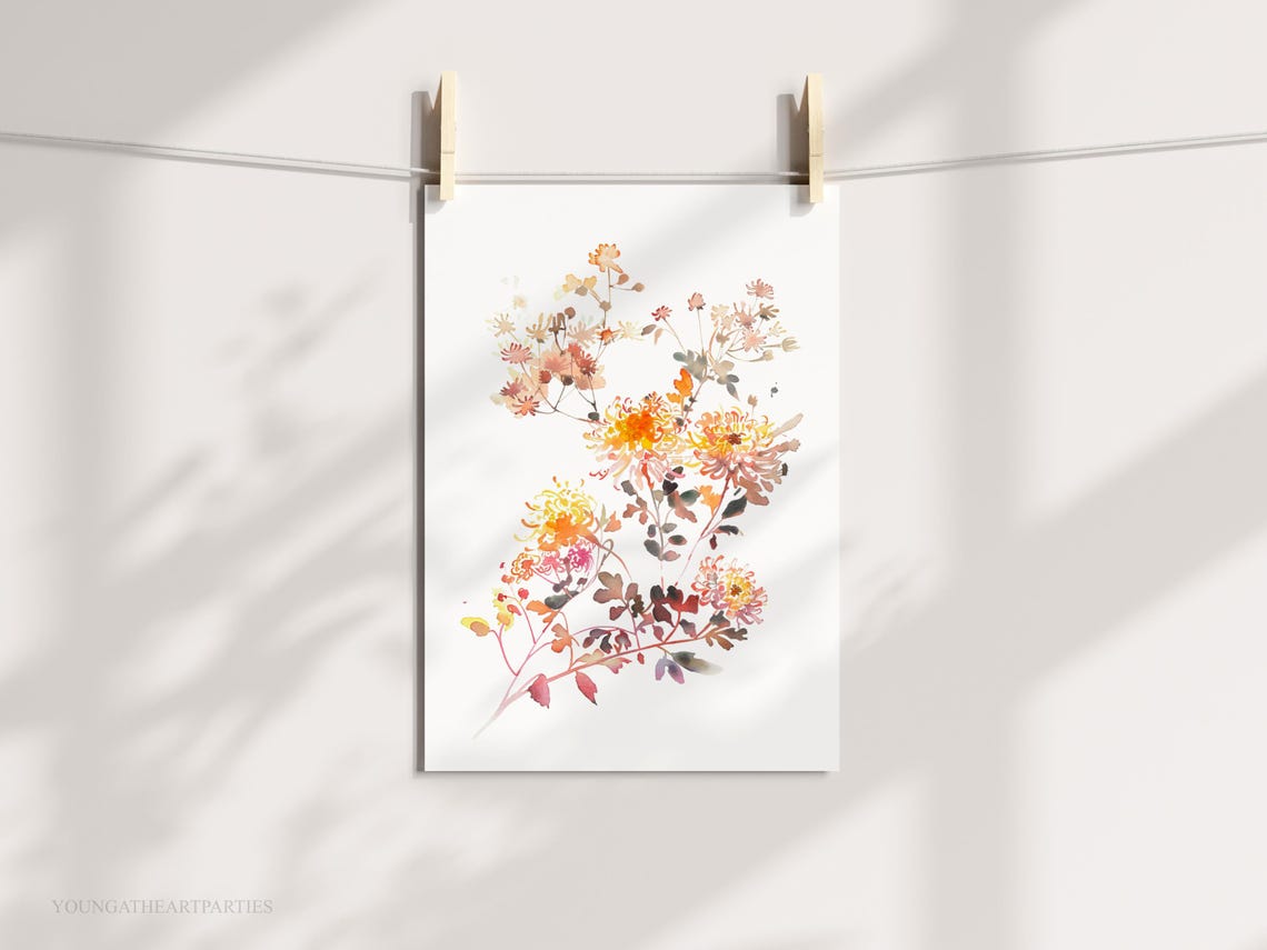 Soft Fall Watercolor Floral Art Print Autumn Chrysanthemum Wall Decor - Image 4