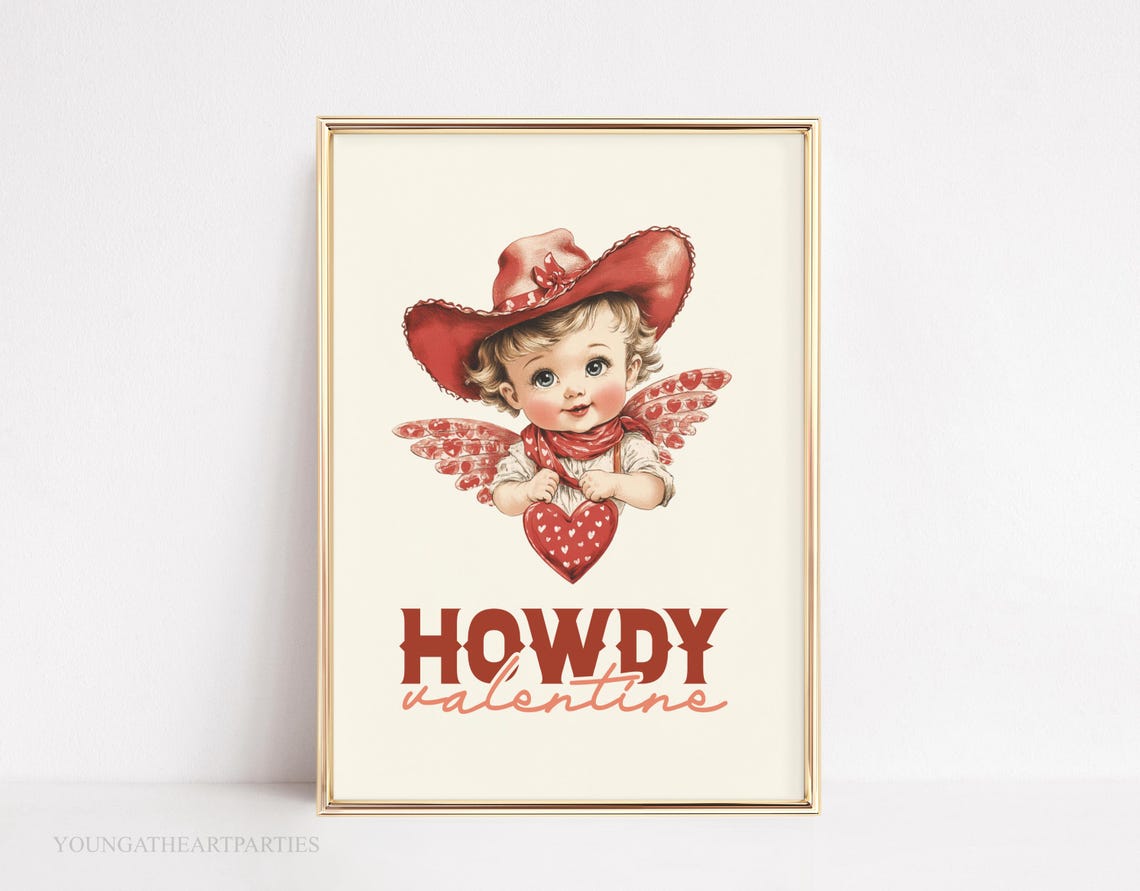 Howdy Valentine Cowboy Cupid Retro Western Heart Valentine Print