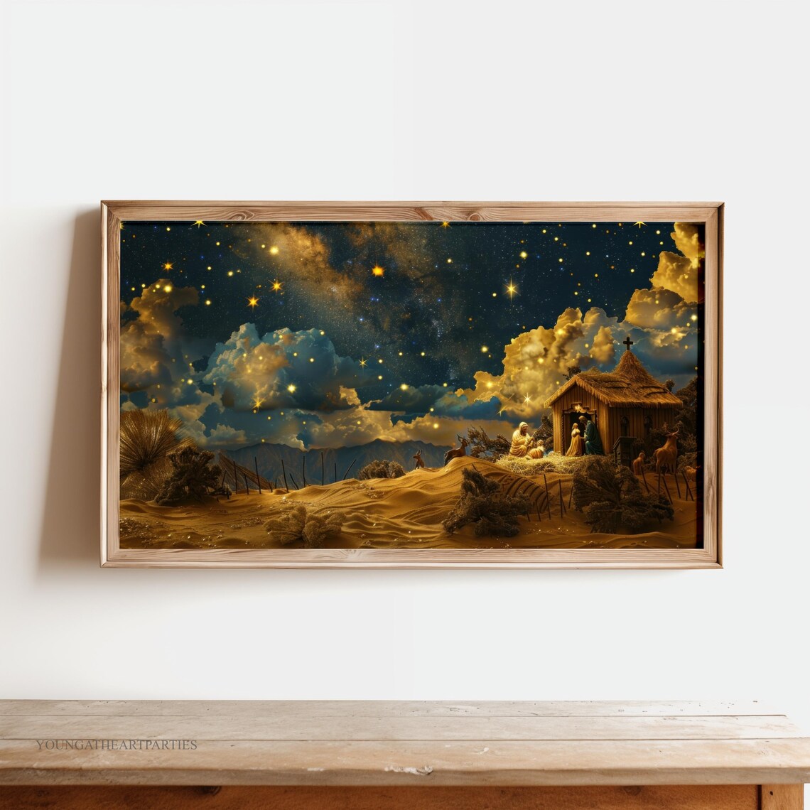 Golden Starry Night Nativity Scene Christmas Frame TV Wall Art - Image 2