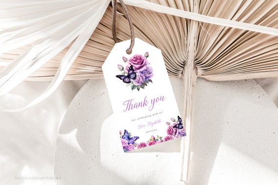 Purple Butterfly Bridal Shower Tag Purple Florals Bridal Shower Favor Tag Watercolor Butterfly Shower Gift Tag Editable Template Pb
