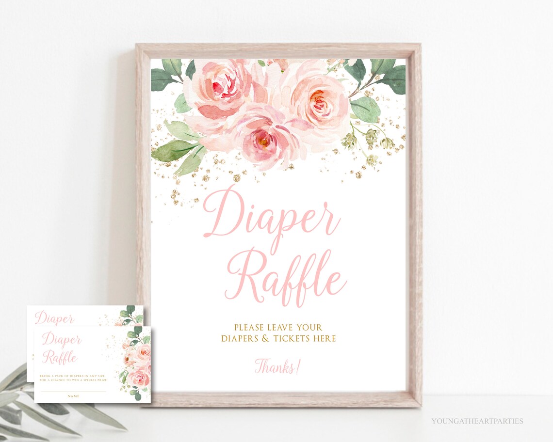 Blush Pink Floral Diaper Raffle Baby Shower Sign And Tickets Print