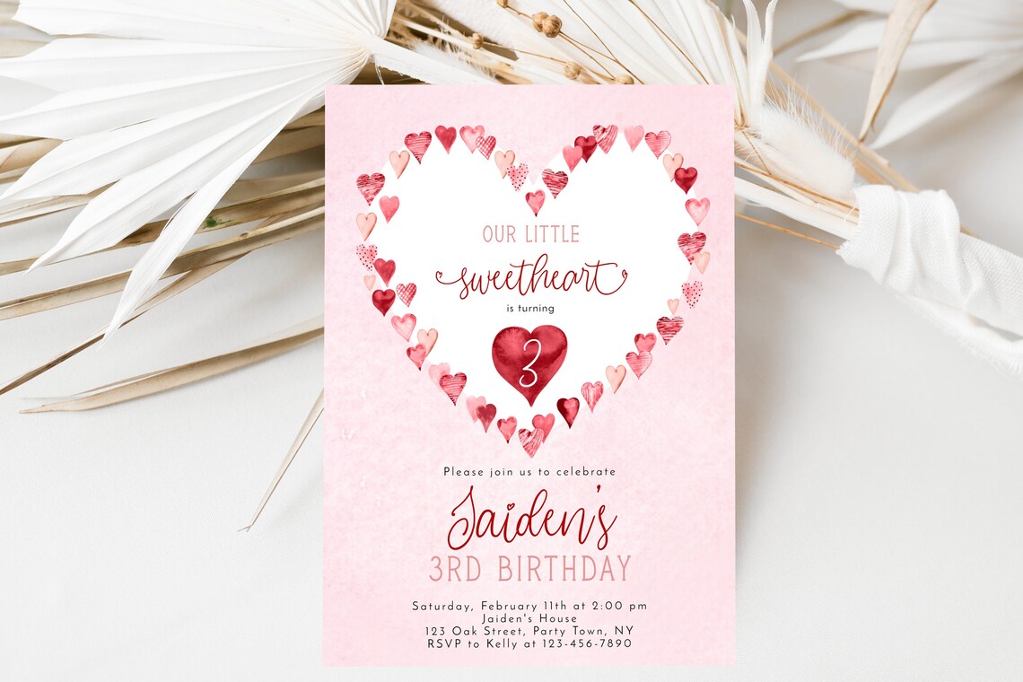 Our Little Sweetheart is Turning Three Heart Birthday Invite Print