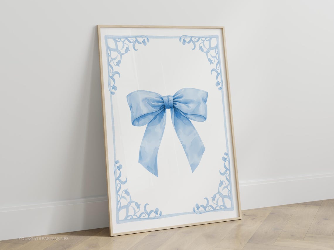 Preppy Blue Bow Watercolor Coquette Hand Drawn Nursery Wall Art