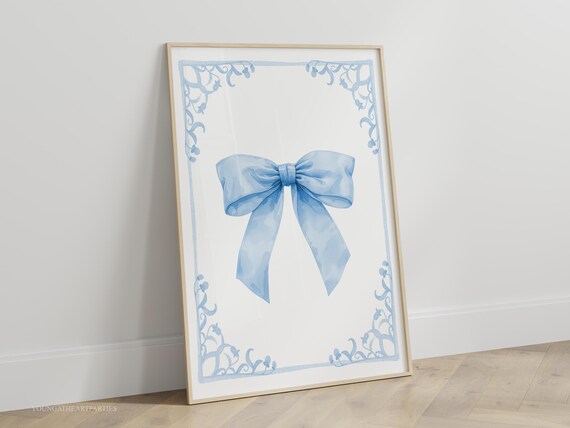 Preppy Blue Bow Watercolor Coquette Hand Drawn Nursery Wall Art