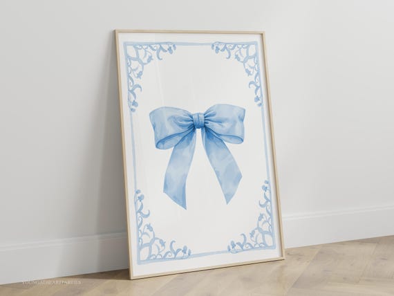 Preppy Blue Coquette Bow Hand Drawn Bow Illustration Vintage Girly Wall Art Balletcore Nursery Aesthetic Dorm Decor
