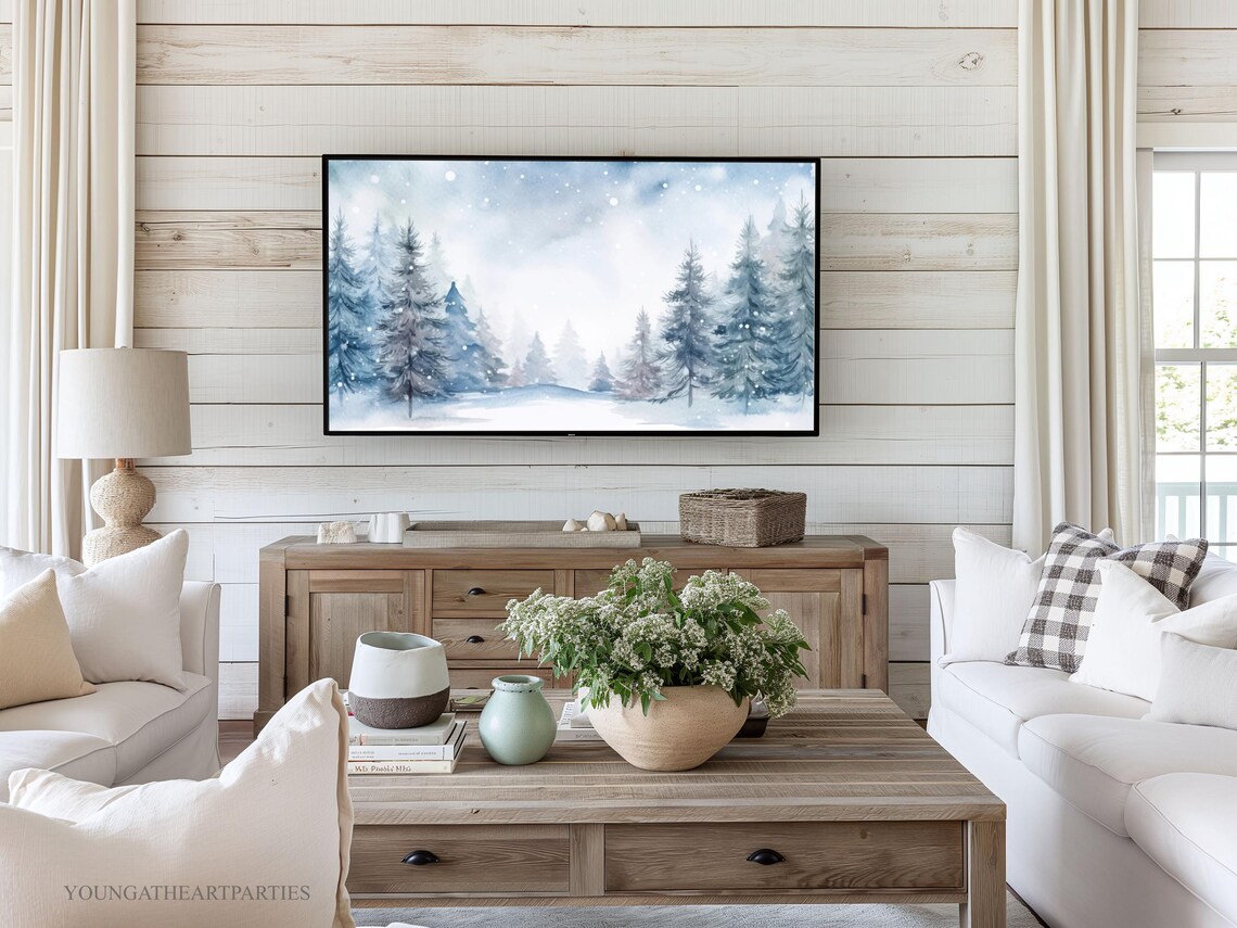 Blue Winter Forest Watercolor Snowy Pines Holiday Frame TV Wall Art - Image 4