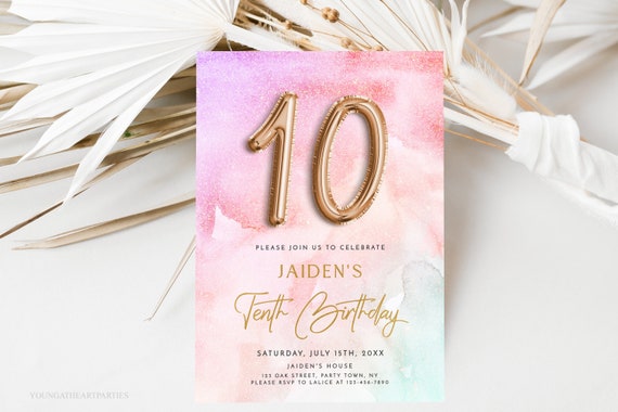 Rainbow Pastel 10th Birthday Invitation Template Rainbow Sky Watercolor Tenth Birthday Invite Gold Foil Girls 10th Birthday Invitation