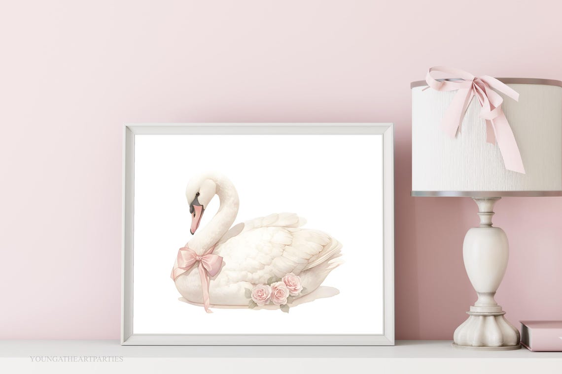White Swan with Pink Bow and Roses Watercolor Nursery Wall Art - Image 6
