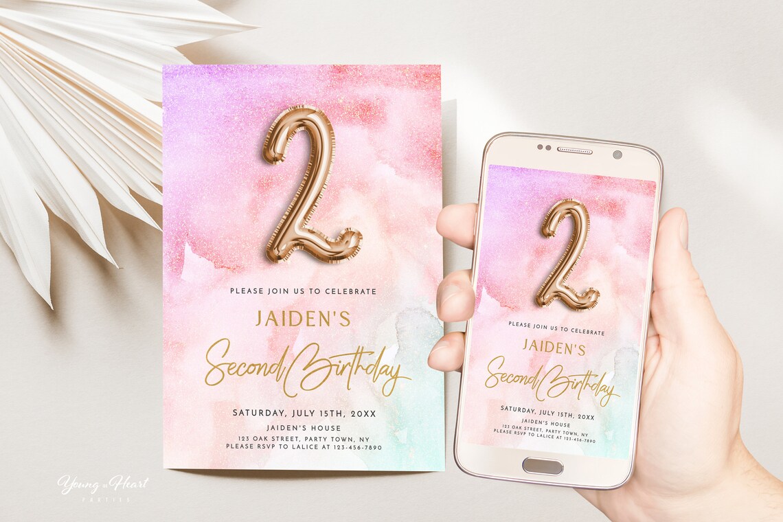 Rose Gold Balloon Second Birthday Girl Invitation Editable Print - Image 5