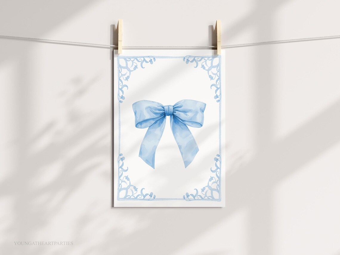 Preppy Blue Bow Watercolor Coquette Hand Drawn Nursery Wall Art - Image 4