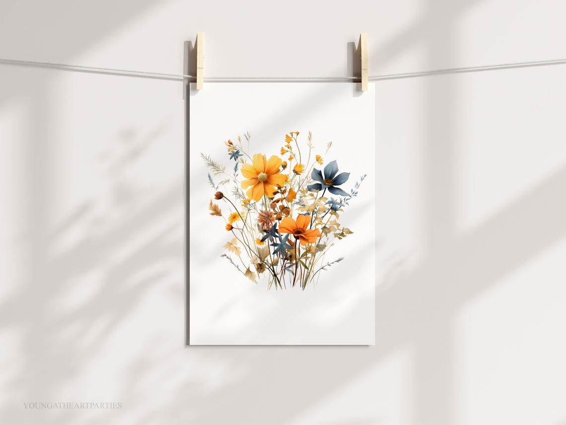 Blue Watercolor Fall Wildflower Botanical Autumn Boho Home Print - Image 3
