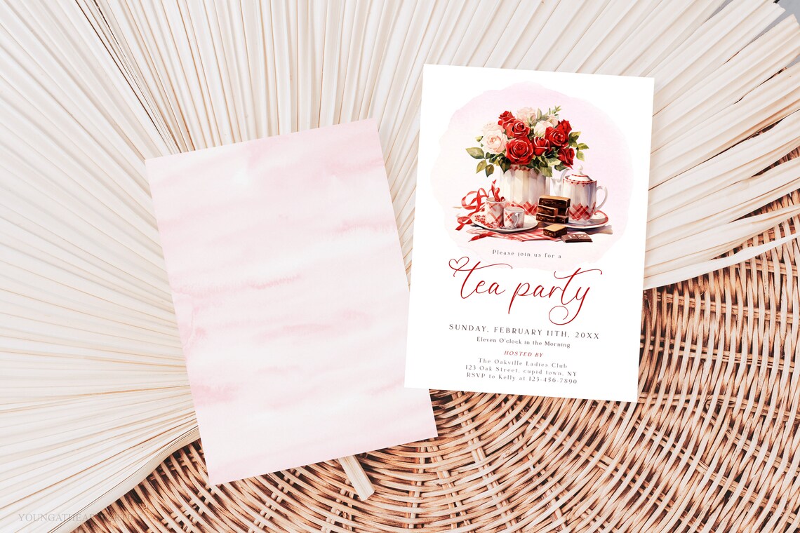 Valentine's Tea Party Watercolor Tea Set Roses Invitation Print - Image 5