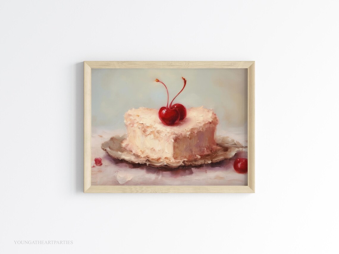 Cherry Heart Cake Oil Painting Art Print Bakery Wall Art Coquette Cake Art Print Vintage Coquette Cake Food Illustration Painting - Image 3
