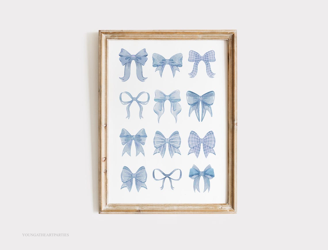 Blue Watercolor Bow Grid Coquette Nursery Decorative Art Poster - Image 4