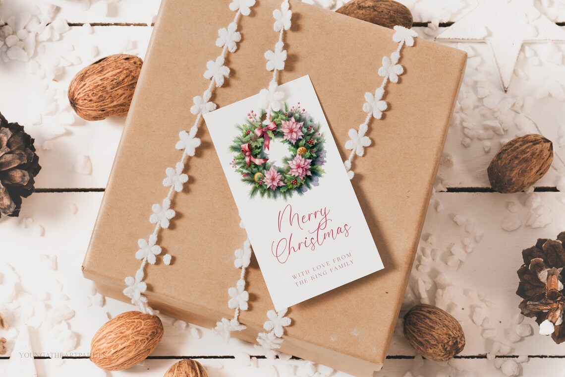 Pink Poinsettia Wreath Merry Christmas Gift Tag Elegant Holiday Print - Image 5