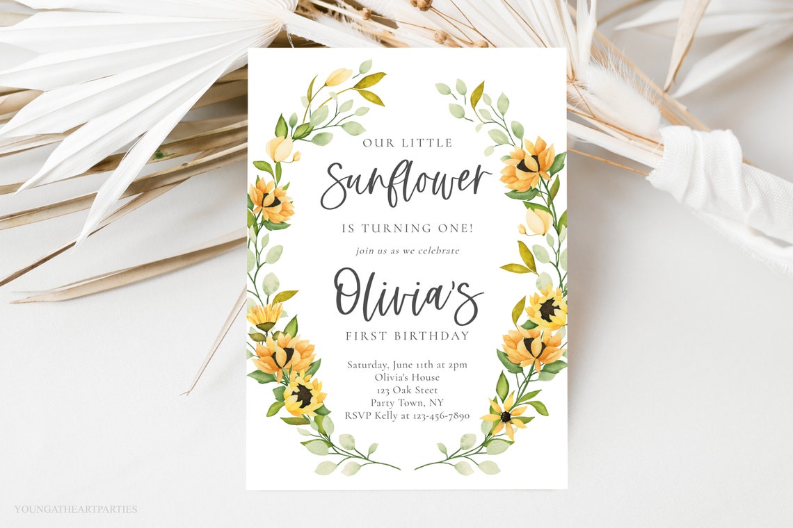Sunflower First Birthday Invitation Our Little Sunflower Party Print
