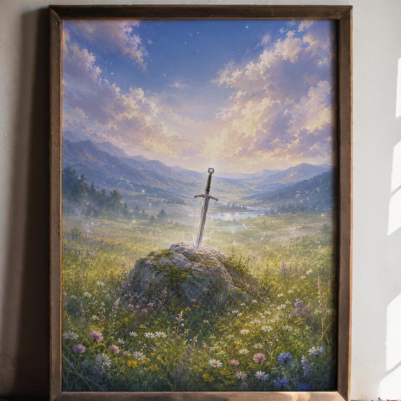 Magical Sword Green Meadow Print Whimsical Fairy Fantasy Wall Art Stone And Poster