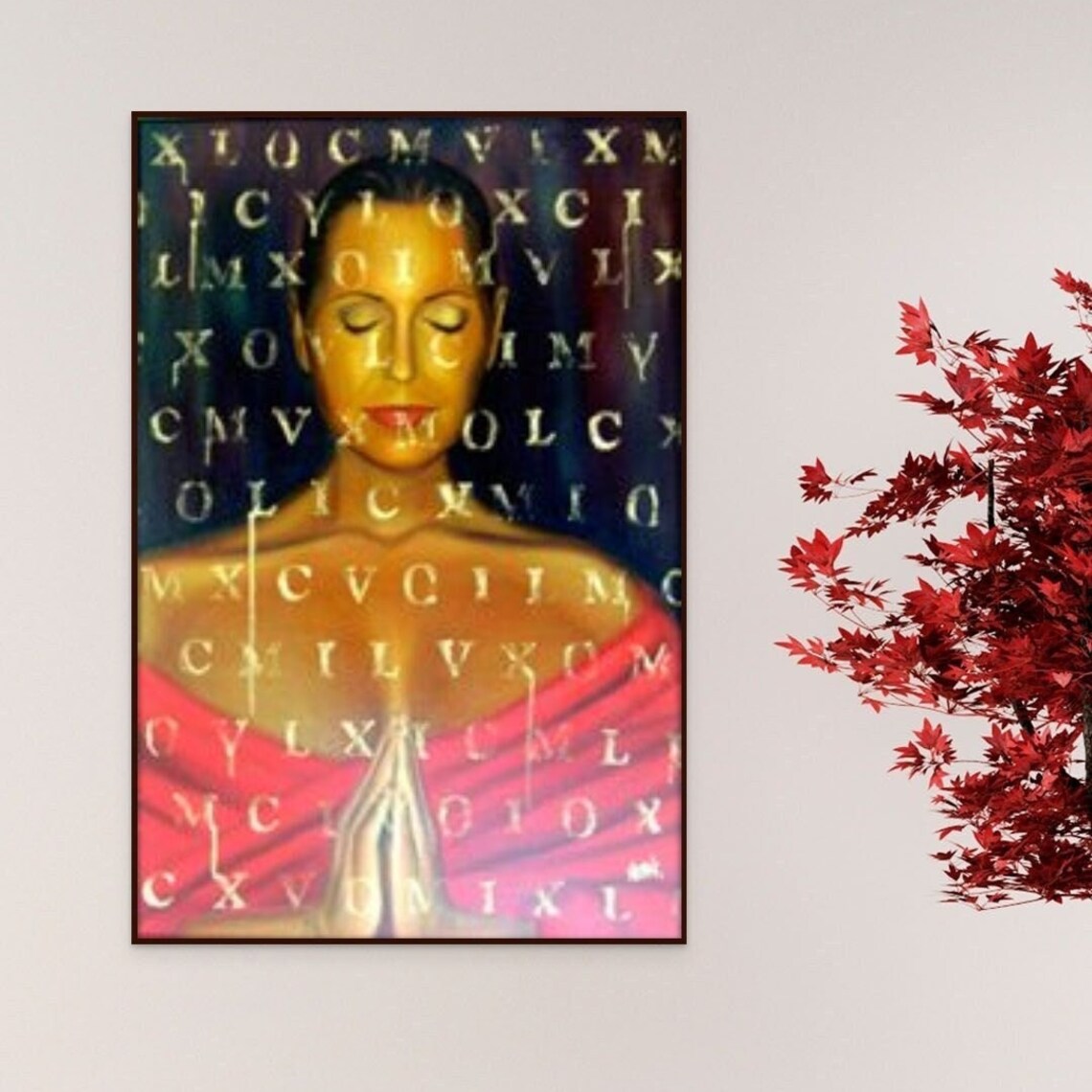 Praying Woman Meditation Spiritual Hands Red Sari Painting Poster