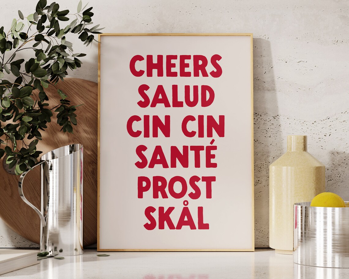 Cheers Print Trendy Wall Art Bar Cart Poster Modern Kitchen Decor Cin Cin Print Cute Aesthetic Kitchen Decor Red Art