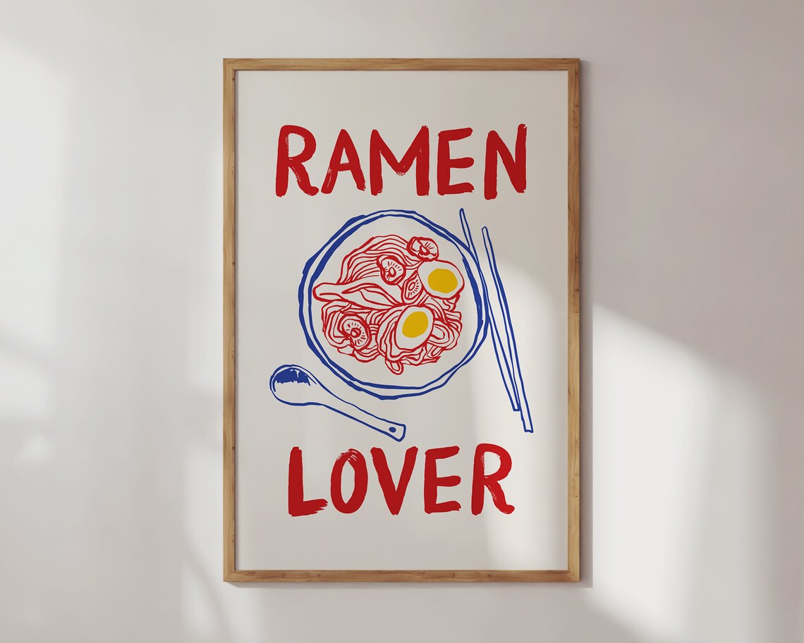 Ramen Lover Red Blue Noodle Bowl Sketch Japanese Kitchen Poster - Image 2