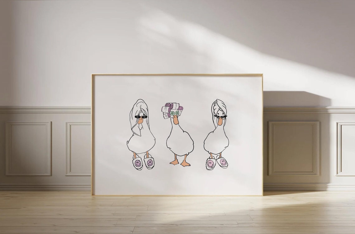Ducks Towel Cowboy And Curlers, Cute Bathroom Art Print