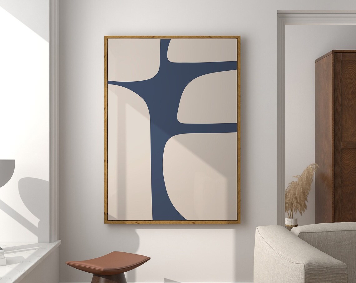 Mid-Century Minimalist Beige And Blue Abstract Art Print