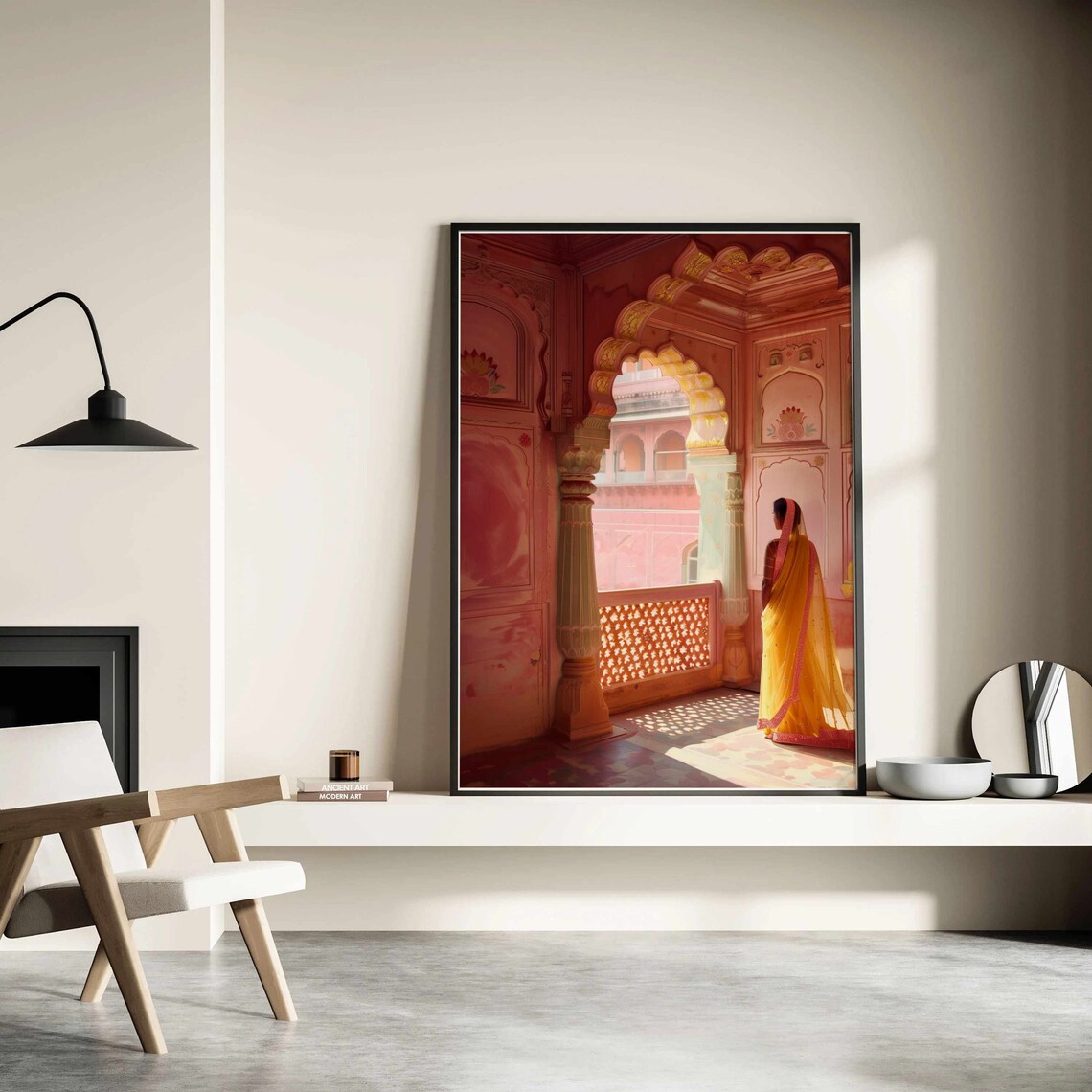 Jaipur Palace Pink Architecture Woman in Yellow Sari Travel Poster