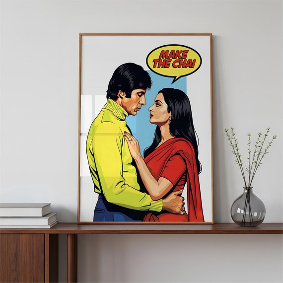 Bollywood Chai Lovers Retro Pop Art Couple Fun Kitchen Poster