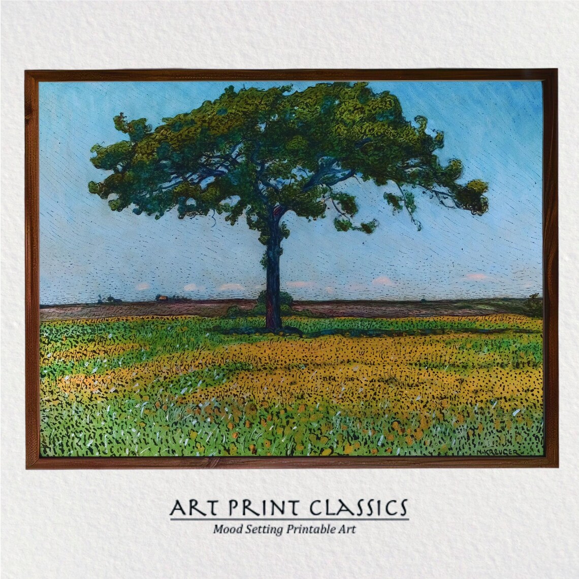 Tree In Meadow Landscape, Vintage Farmhouse Art Print