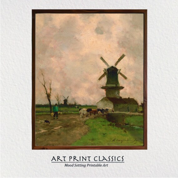 Windmill Painting European Landscape Moody Neutral Tone Farm Painting Print Rustic Farmhouse Art Na7
