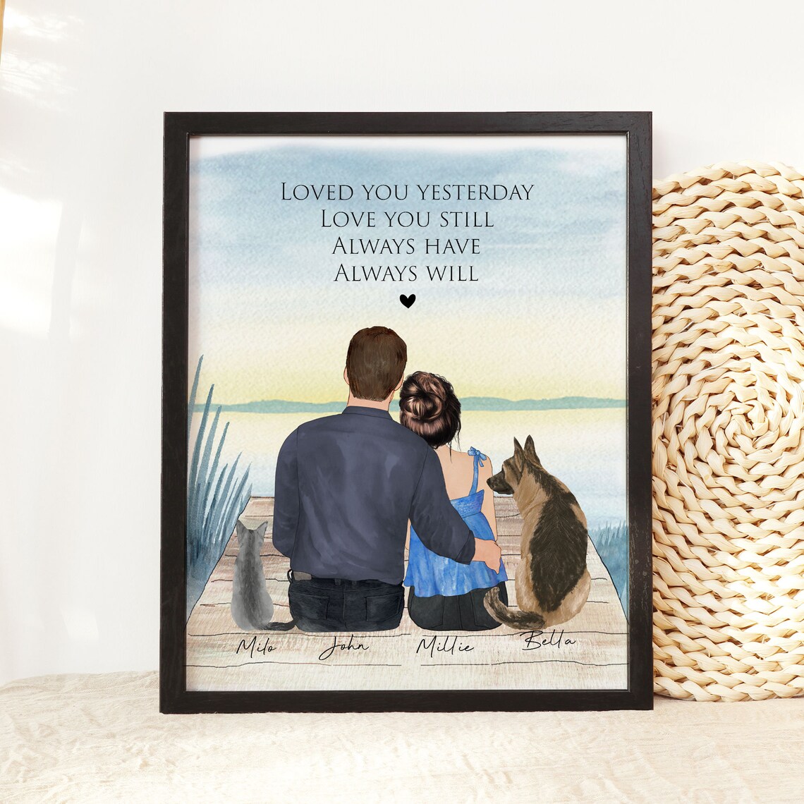 Loved You Yesterday Couple With Pets Lake Dock Sunset Portrait Poster