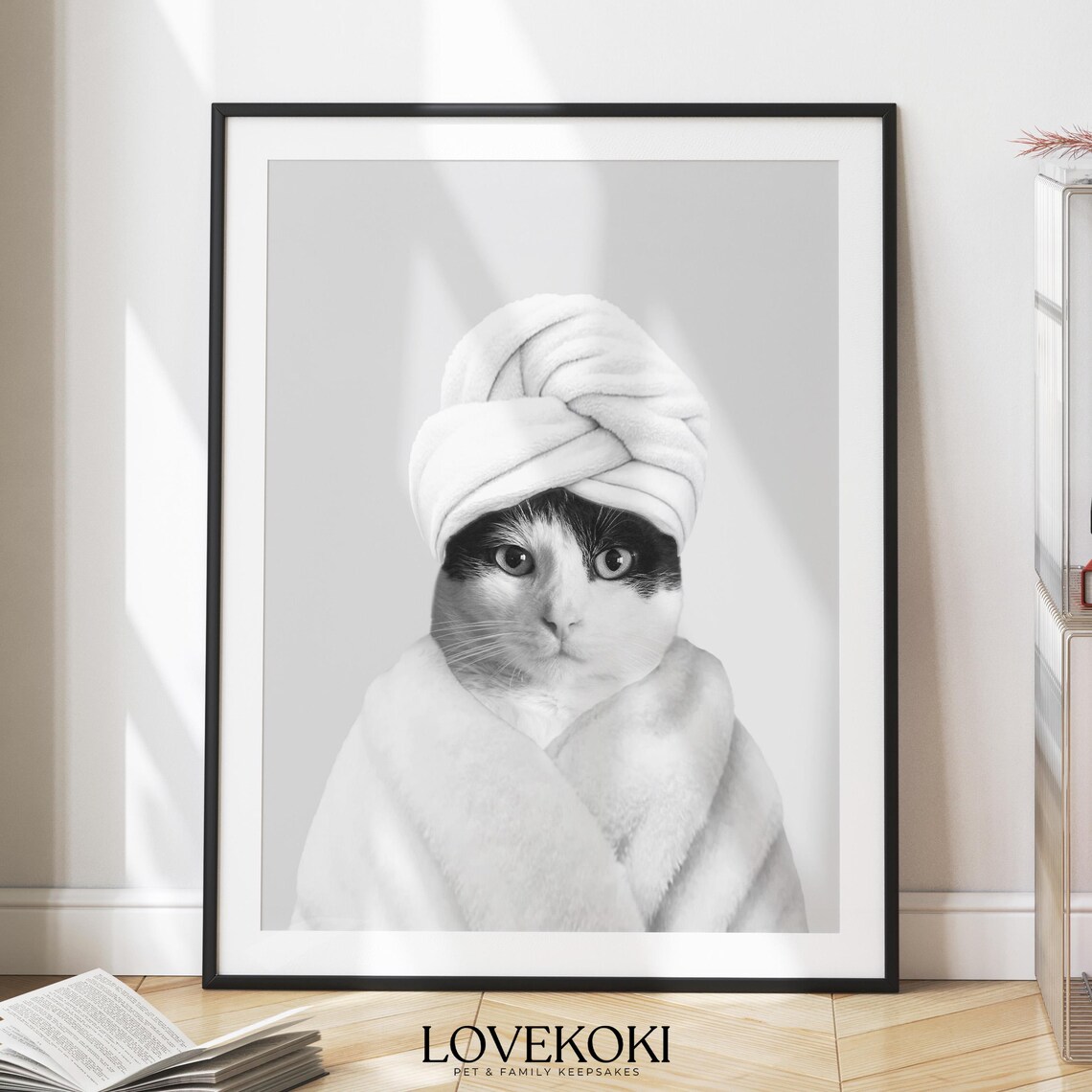 Black White Tuxedo Cat In Towel Turban Spa Bathroom Art Poster