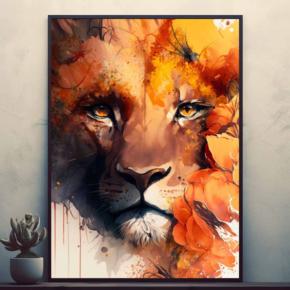 Watercolor Lion Face with Orange Floral Splashes Modern Wall Art