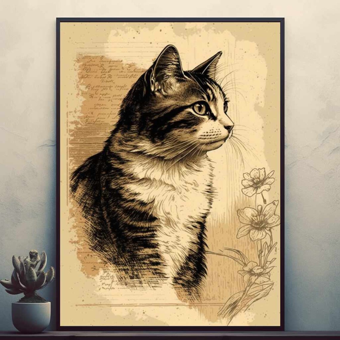 Vintage Sepia Tabby Cat Portrait Sketch with Flowers Wall Art