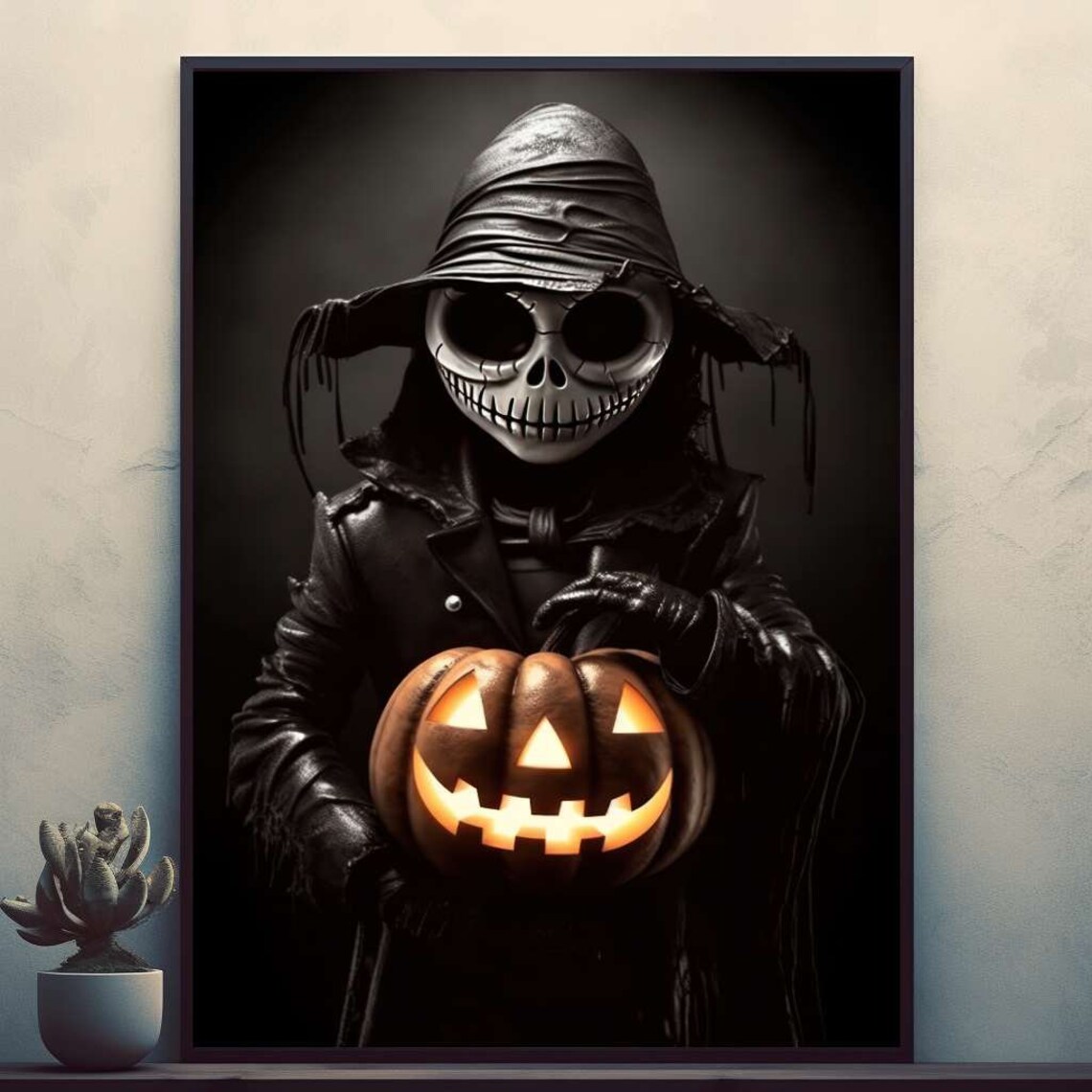 Skeleton Witch Holding Glowing Jack-O-Lantern Dark Poster for Home Decor